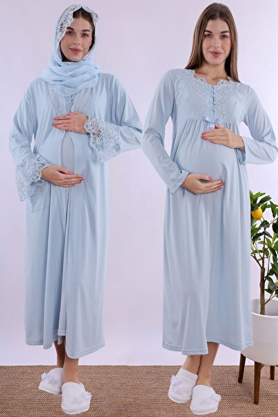 ByLohusa Hijab Maternity Pajamas and Nursing Nightgown Set - Blue