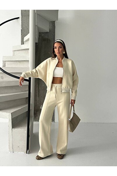 BE CHİC Set de trening pentru femei, cu guler, 3 fire, cu detalii șardon, buz...