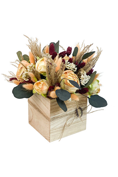 Decofelice Vintage floral arrangement, in a wooden box, with peonies, 25x20cm