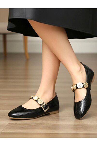 ellaboni Women's Black Tuğra Buckle Ballerinas Comfortable Lightweight Non-So...