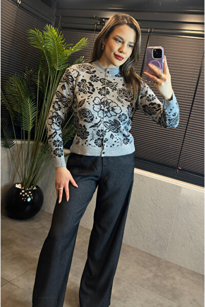 MİR STORE Gray Crew Neck Floral Patterned Mercerized Cardigan