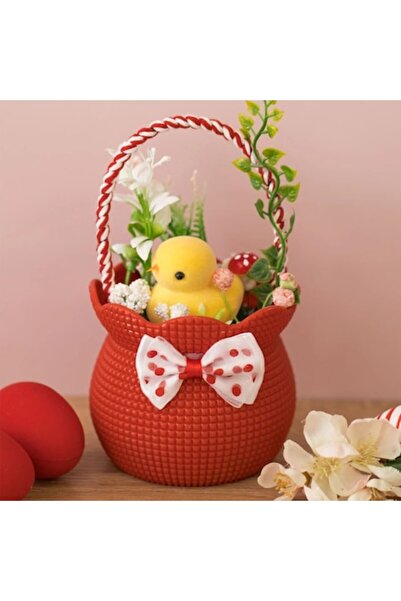 OEM Easter Decoration with Red Basket Decorated with Duck & Flowers Ø10x18cm