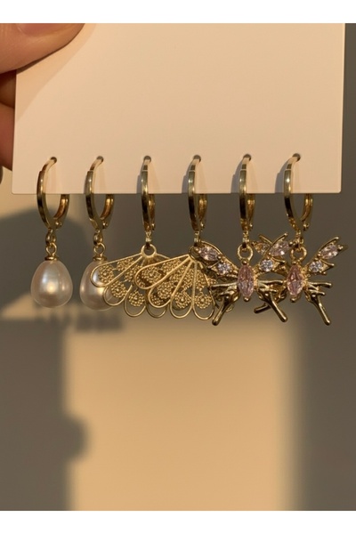 Gulsah's Store 3'lü küpe seti Çelik gold kelebek figür inci boncuk,pembe zirk...