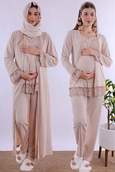 ByLohusa Effortt Beige Hijab Long Robe Maternity Pajama Set