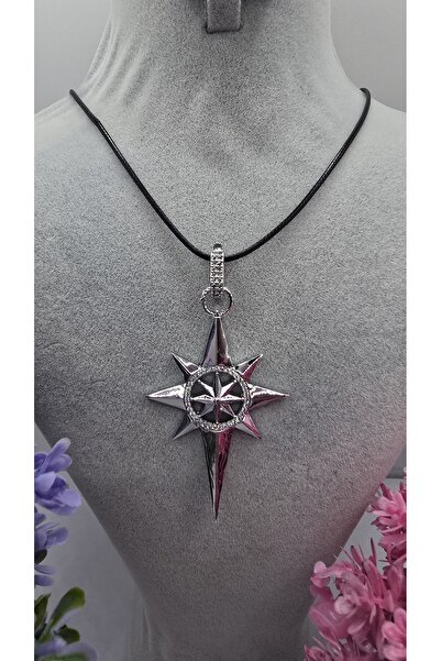 ahsenaksesuar2025 Zircon Stone Silver Color 8-Pointed Star Black Rope Chain N...