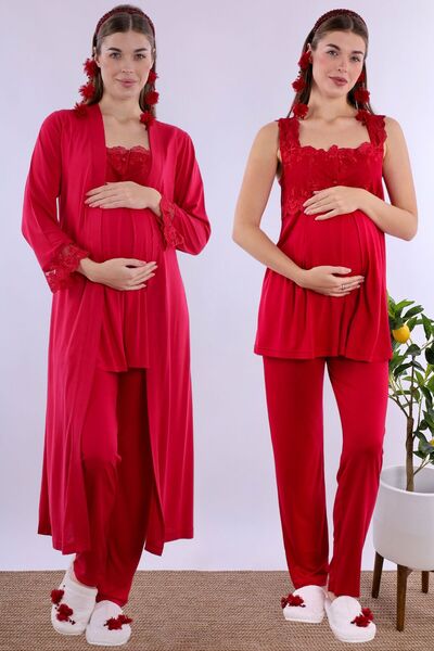 ByLohusa Long Robe Maternity Pajama Set with Nursing Feature Effortt - Cherry