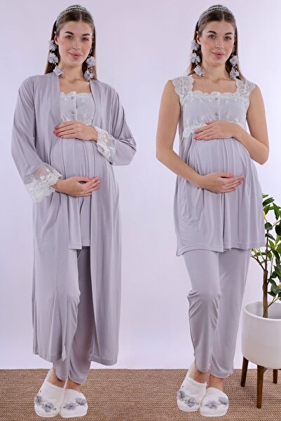 ByLohusa Effortt Gray Long Robe Maternity Pajama Set