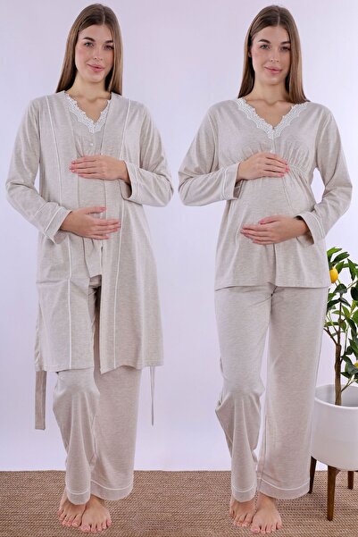 ByLohusa Pregnant Maternity Pajama Set with Effortt Beige Dressing Gown