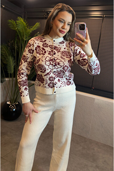 MİR STORE كارديجان ميرسيريزد بياقة دائرية ونقشة زهور باللون العنابي