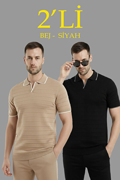 LUMİART Men's 2-Pack Knitwear Collared Buttonless Open Collar Ribbed Short Sl...