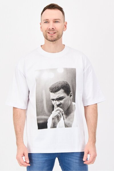 ALI Men Crew Neck Short Sleeve Graphic Print T-Shirt, White