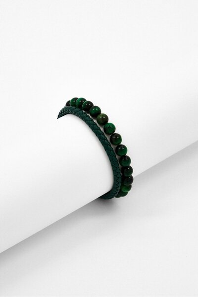 Nautica Men 2 Pcs Braided Leather And Crystal Bead Bracelet Set, Green