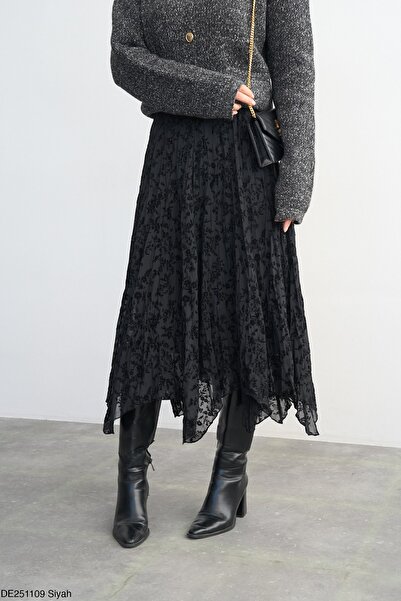 D'RECCY Women's Double Layered Printed Asymmetric Tulle Long Skirt