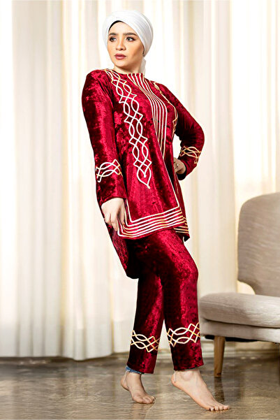 AsrymShop Winter tracksuit, lightweight velvet, long blouse, brick red