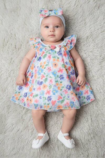 Baby Starters فستان بناتي صغير مكون من قطعتين بنقشة زهور مع عصابة رأس، متعدد ...