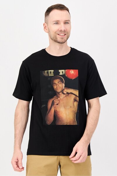 ALI Men Crew Neck Graphic Print Short Sleeve T-Shirt, Black