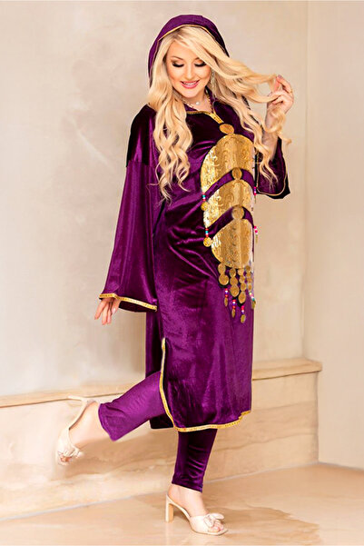 AsrymShop Lightweight velvet winter tracksuit, long blouse, gold crescent moo...