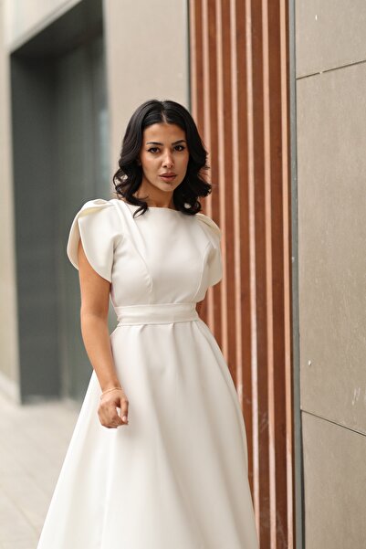 KADNER KADIN BEYAZ KAYIK YAKA VİCTORİA ABİYE ELBİSE