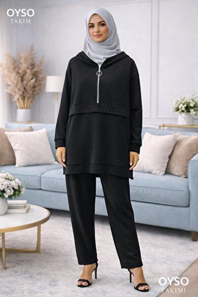 Avakado Hooded and Stone Detailed Top and Bottom Tracksuit Set