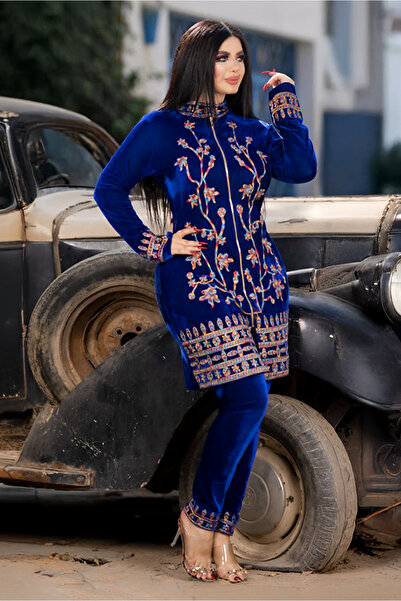 AsrymShop Blue velvet tracksuit, lightweight, embroidered