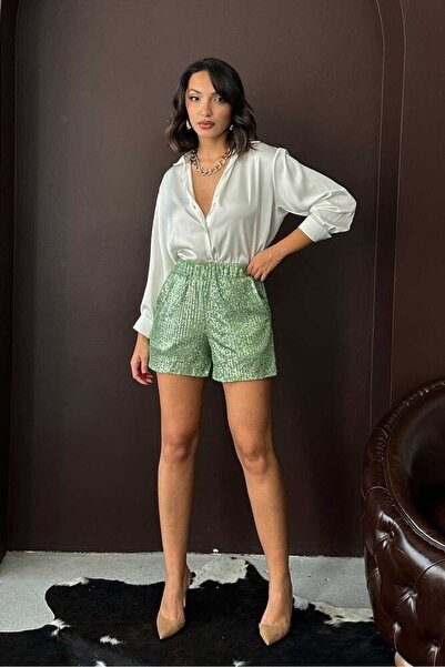 Caddebostan Moda Green Stone Sequined Evening Dress Shorts Modern Premium Lux...