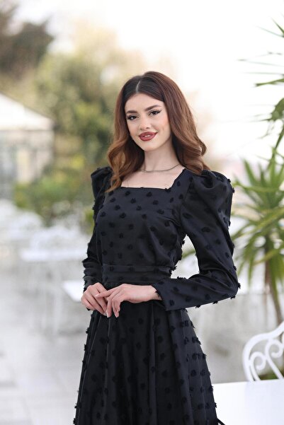 KADNER KADIN SİYAH KARE YAKA LİNA ABİYE ELBİSE