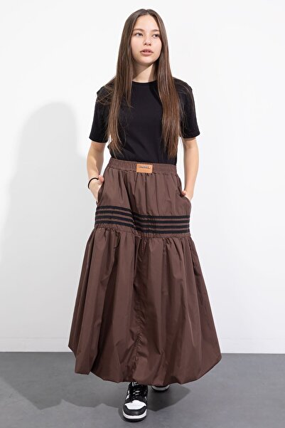 Cansın Mini Brown Stripe Patterned Girl's Balloon Skirt 23558