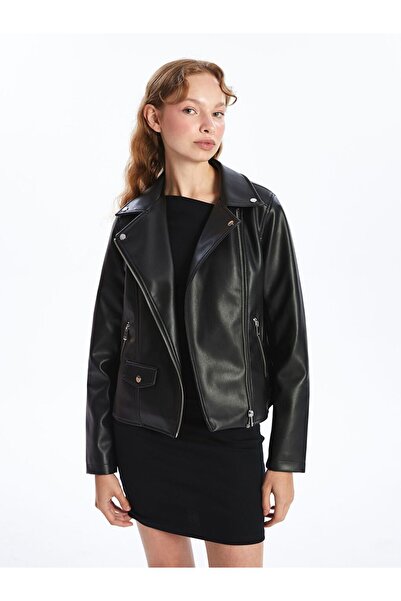 LC Waikiki سترة نسائية ذات مظهر جلدي بياقة راكب الدراجة النارية