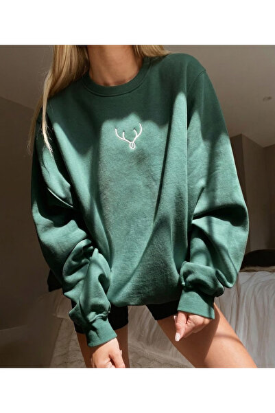 SOD Geyik Nakış Baskılı Oversize Sweatshirt