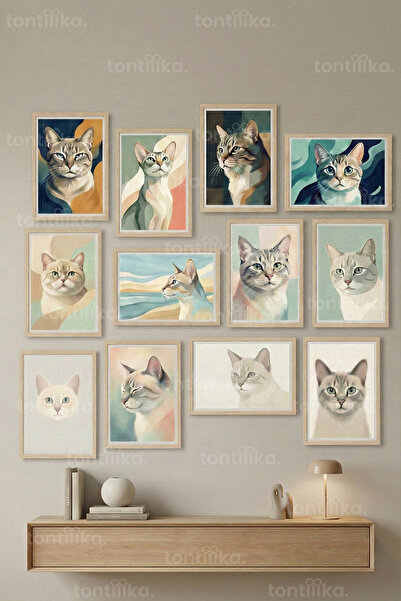 Tontilika 12 Parça Pastel Kedi Portreleri 2 Renk Seçenekli Dekoratif Çerçeve ...