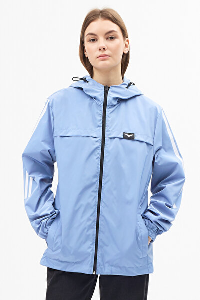 LEVEL HİGH Women's Blue Hooded Raincoat with Stripe Detail, Waterproof and Se...