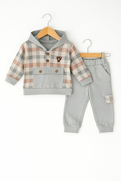 For My Baby Kapüşonlu Ekose Detaylı Bebek Takımı