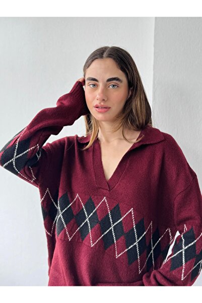 Retrobird Baklava Dilim Knitwear Sweater Women's Burgundy - Black