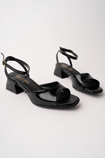 bakacstore kadın siyah önü açık çapraz bantlı önü açık kısa topuklu ayakkabı