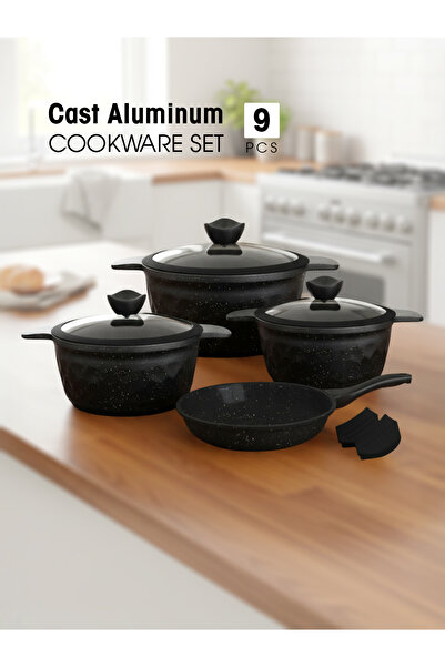 KOZE 9-Piece Cast Aluminum Cookware Set with Granite Coating, Non-Stick Cookw...