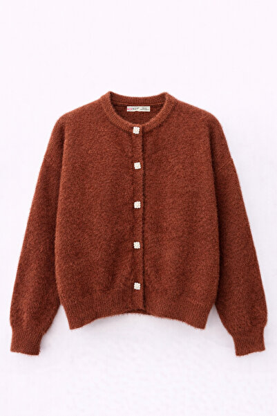 Mixray 6902 Women's Bearded Basic Soft Textured Knitwear Cardigan Brown