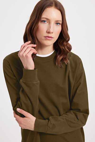 Tudors Women's Oversize Wide Cut 100% Cotton 2 Thread Crew Neck Khaki Sweatshirt