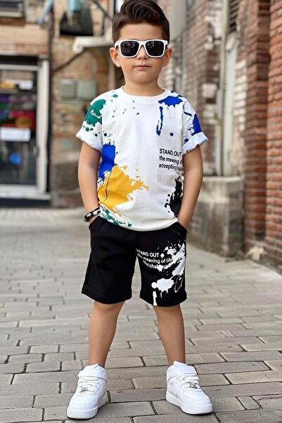 Riccotarz Erkek Çocuk Bisiklet Yaka Üzeri Renki Boya Desenli T-shirt Beli Lastikli Siyah Şortlu Takım