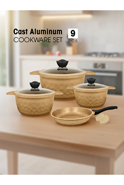 KOZE 9-Piece Cast Aluminum Cookware Set with Granite Coating, Non-Stick Cookw...