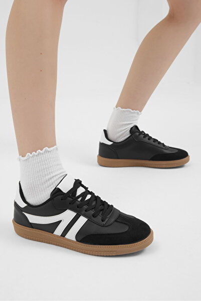 Tonny Black Women's Black and White Thermo Sole Side Striped Lace-Up Casual C...