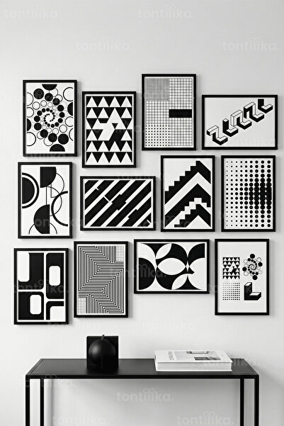 Tontilika 12 Parça Siyah Beyaz Geometrik 2 Renk Seçenekli Dekoratif Çerçeve G...