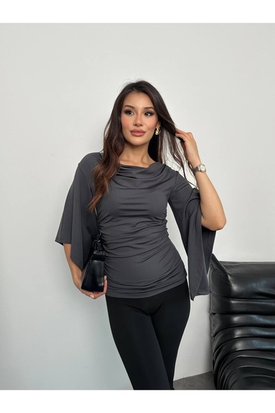 manana fashion Degaje Collar Bat Sleeve Draped Sandy Fabric Blouse