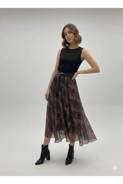YEK&BİR Plaid Patterned Chiffon Skirt with Inner Lining and Elastic Waist