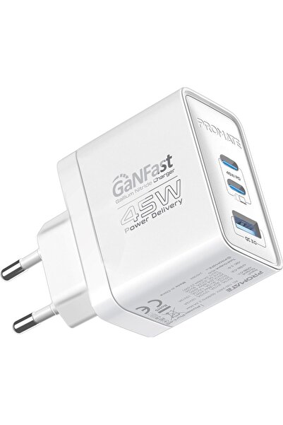 Promate PowerPort-45 GaNFast Charger, Dual PD45W USB-C, QC 22.5W USB-A, EU Pl...