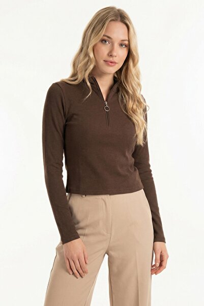 Rays 3069A Zippered Long Sleeve Sweater Brown
