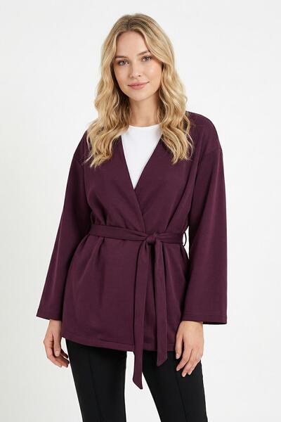 Rays 3068A Belted Wide Sleeve Kimono Plum