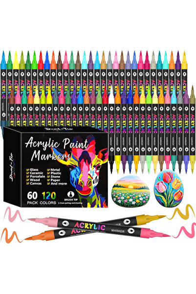 Qova Set de 60 markere acrilice profesionale cu vârf dublu, cerneală pe bază ...