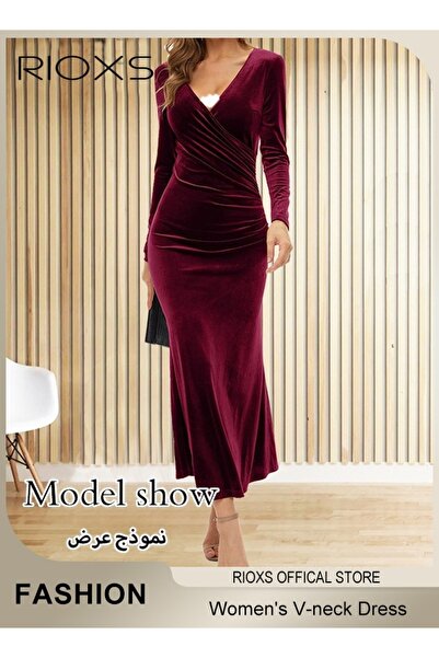 RIOXS Women's Dresses, V-neck Wrap Hip Skirt Long Sleeves Bodycon Dresses, El...