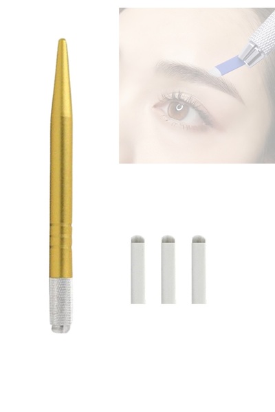 SYS قلم مايكروبلادينغ ذهبي مع 3 إبر على شكل حرف U لتطبيقات المكياج الدائم