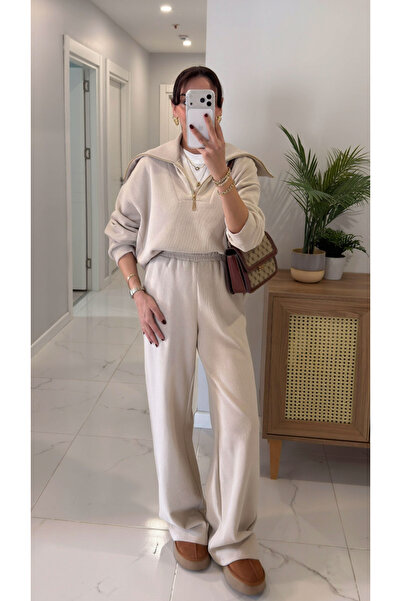 My Blog Stone Semi-Zipper Ribbed Suit - 51218